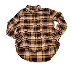 Beachlunchlounge Plaid Button Front Shirt Large High Low Hem Boho Fall